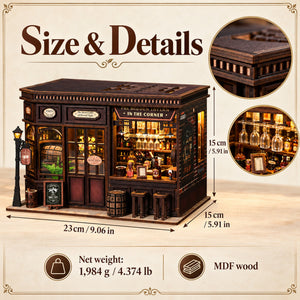 Corner Tavern DIY Miniature House Kit — finished dimensions, materials and net weight
