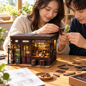 Corner Tavern DIY Miniature House Kit — styled display scene; props not included