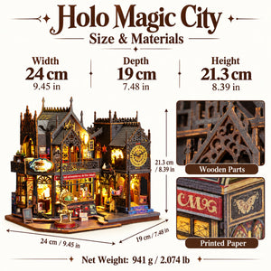 Holo Magic City DIY Miniature House Kit — finished dimensions, materials and net weight
