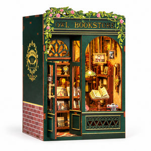 Owl Bookstore DIY Book Nook Kit with LED Light — White Background