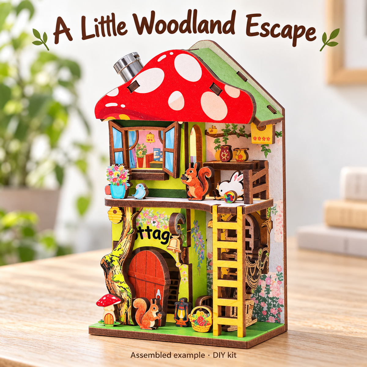 Woodland Mushroom Cottage DIY Magnetic Miniature Kit — Assembled Example Desktop; DIY assembly required.