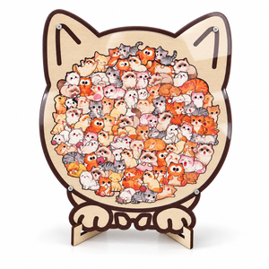Cat-shaped wooden puzzle with illustrated cat pieces and display stand
