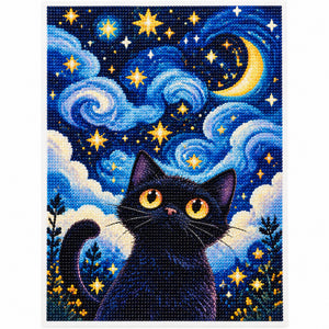 Starry Moon Cat Full-Drill Diamond Painting Kit — kit design