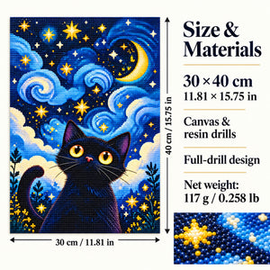 Starry Moon Cat Full-Drill Diamond Painting Kit — size and materials
