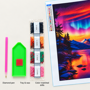 Aurora Mountain Lake diamond painting kit, included canvas drills and tools