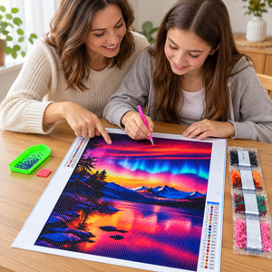 Aurora Mountain Lake diamond painting kit, crafting lifestyle illustration