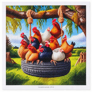 Chickens on a Tire Swing Diamond Painting Kit: completed design preview, DIY assembly required