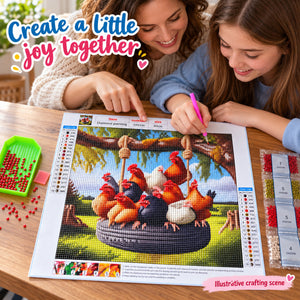 Chickens on a Tire Swing Diamond Painting Kit: illustrative crafting scene