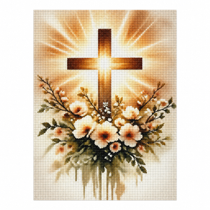 Cross and Flowers diamond painting kit, completed design illustration