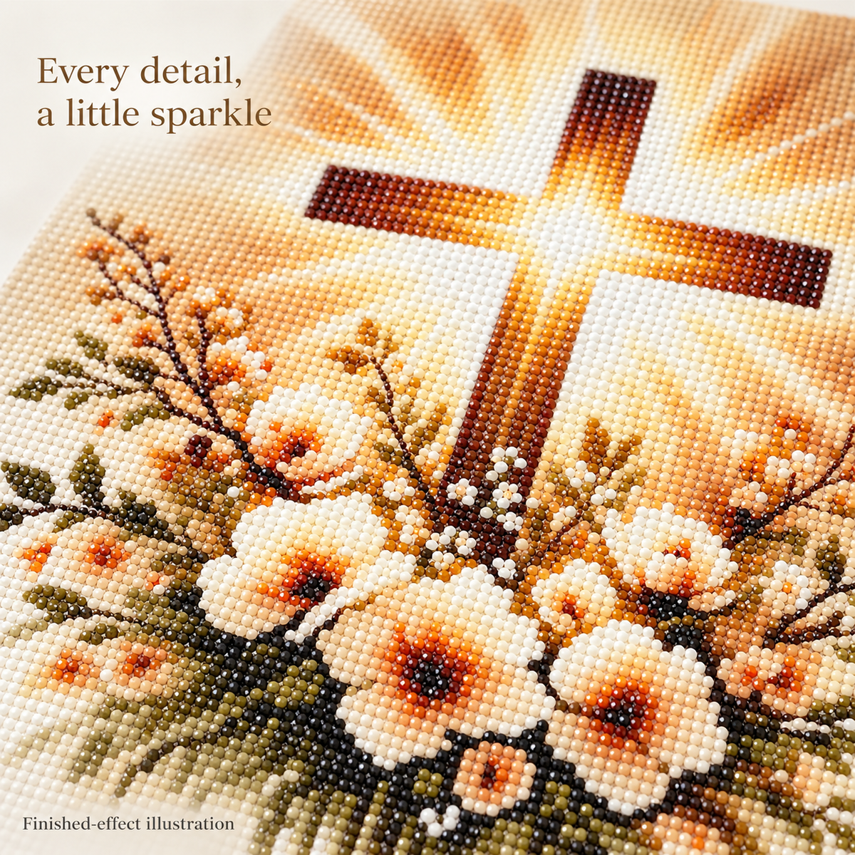 Cross and Flowers diamond painting kit, design detail illustration