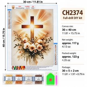 Cross and Flowers diamond painting kit, canvas dimensions and weight