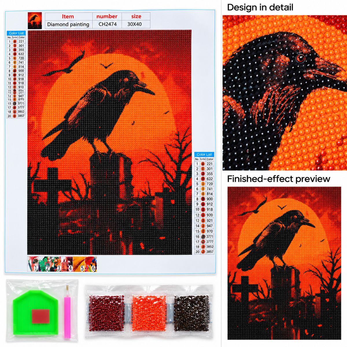 Raven and Orange Moon diamond painting kit, design detail illustration