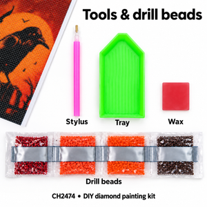 Raven and Orange Moon diamond painting kit, included canvas drills and tools