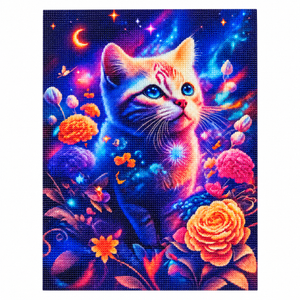 Colorful Cat and Flowers diamond painting kit, completed design illustration