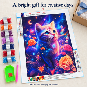 Colorful Cat and Flowers diamond painting kit, gift styling illustration