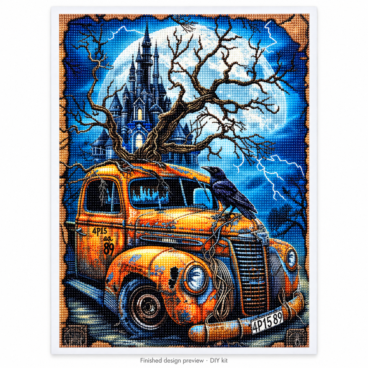 Haunted Castle & Vintage Car Diamond Painting Kit: completed design preview, DIY assembly required