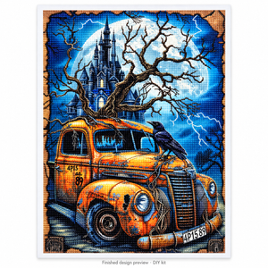 Haunted Castle & Vintage Car Diamond Painting Kit: completed design preview, DIY assembly required