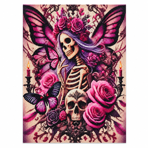 Skeleton Roses and Butterflies diamond painting kit, completed design illustration