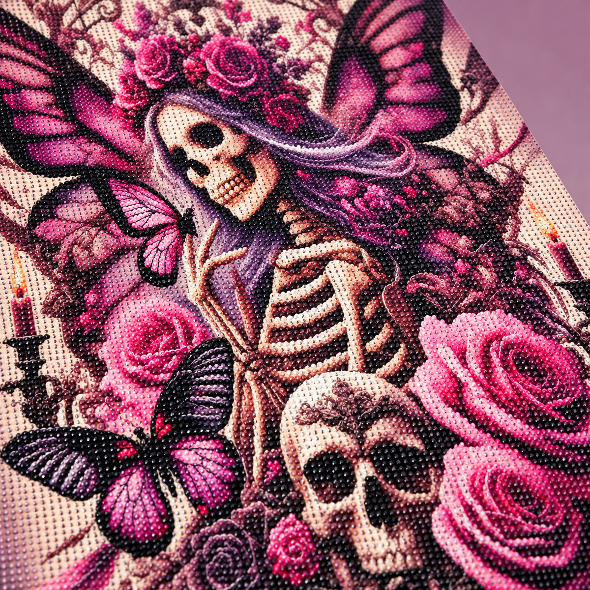 Skeleton Roses and Butterflies diamond painting kit, design detail illustration