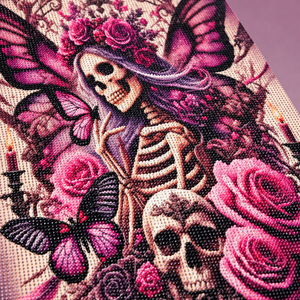 Skeleton Roses and Butterflies diamond painting kit, design detail illustration