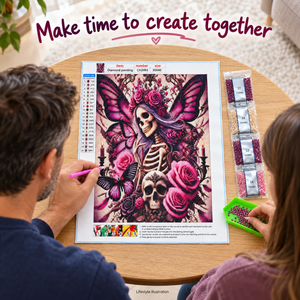 Skeleton Roses and Butterflies diamond painting kit, crafting lifestyle illustration