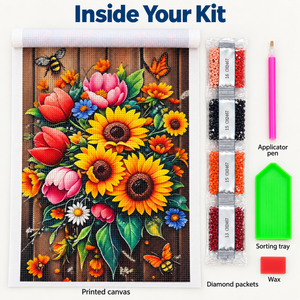 Included printed canvas, diamond packets, applicator pen, tray and wax