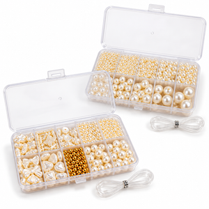 Two-box faux pearl bracelet-making set with assorted beads, round beads and two clear cords