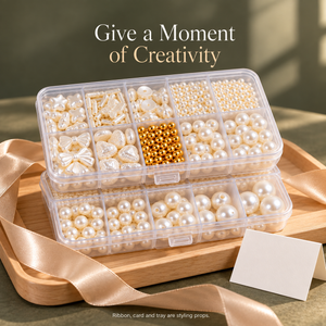 Two-box faux pearl craft set styled as a gift; ribbon, card and tray are props
