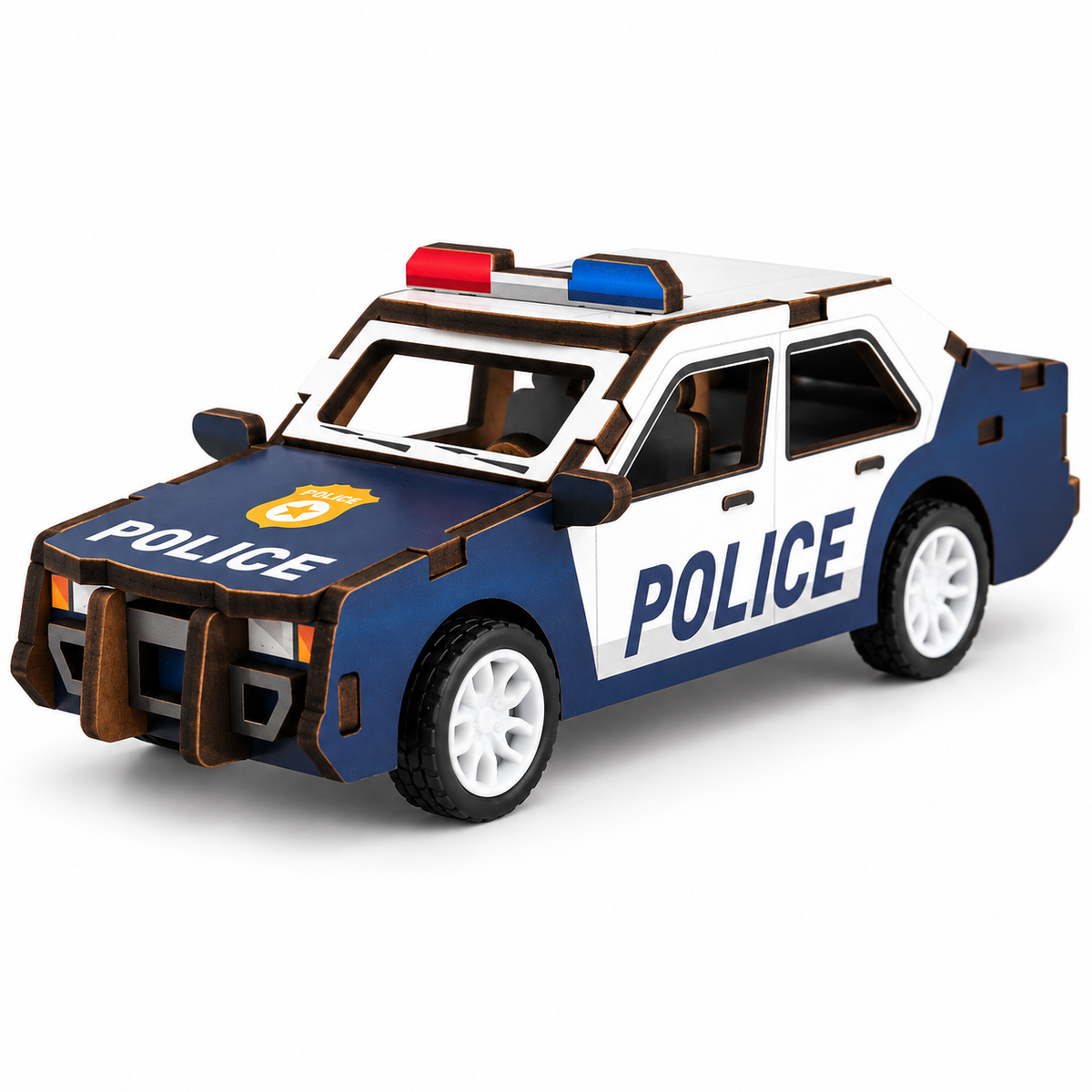 Blue and white wooden police car DIY assembly kit, assembled front view