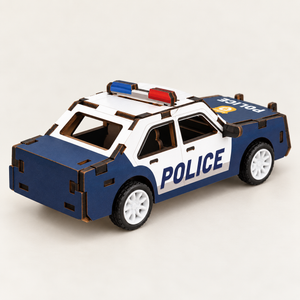 Blue and white police car wooden DIY assembly kit - Rear View