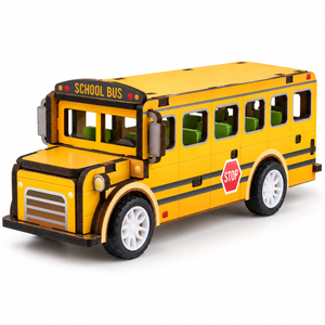 Yellow school bus wooden DIY assembly kit - White Background