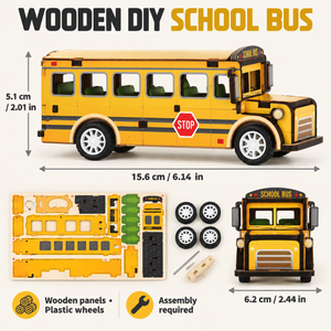 Yellow school bus wooden DIY assembly kit - Dimensions Materials