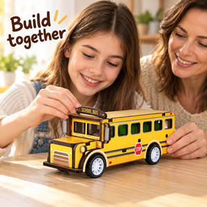 Yellow school bus wooden DIY assembly kit - Family Assembly