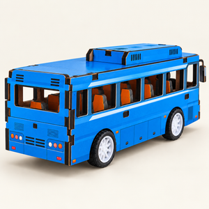 Blue city bus wooden DIY assembly kit - Rear View