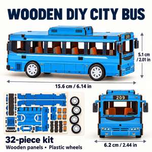 Blue city bus wooden DIY assembly kit - Dimensions Materials