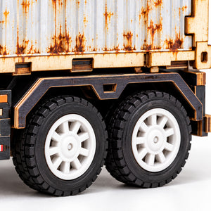 Gray-White Cab & White Container wooden DIY container truck – close-up or assembly scene