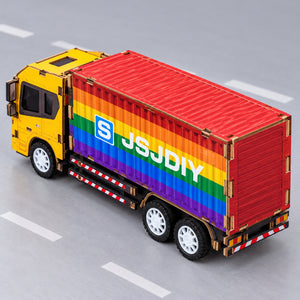Yellow Cab & Rainbow Container wooden DIY truck model – rear view