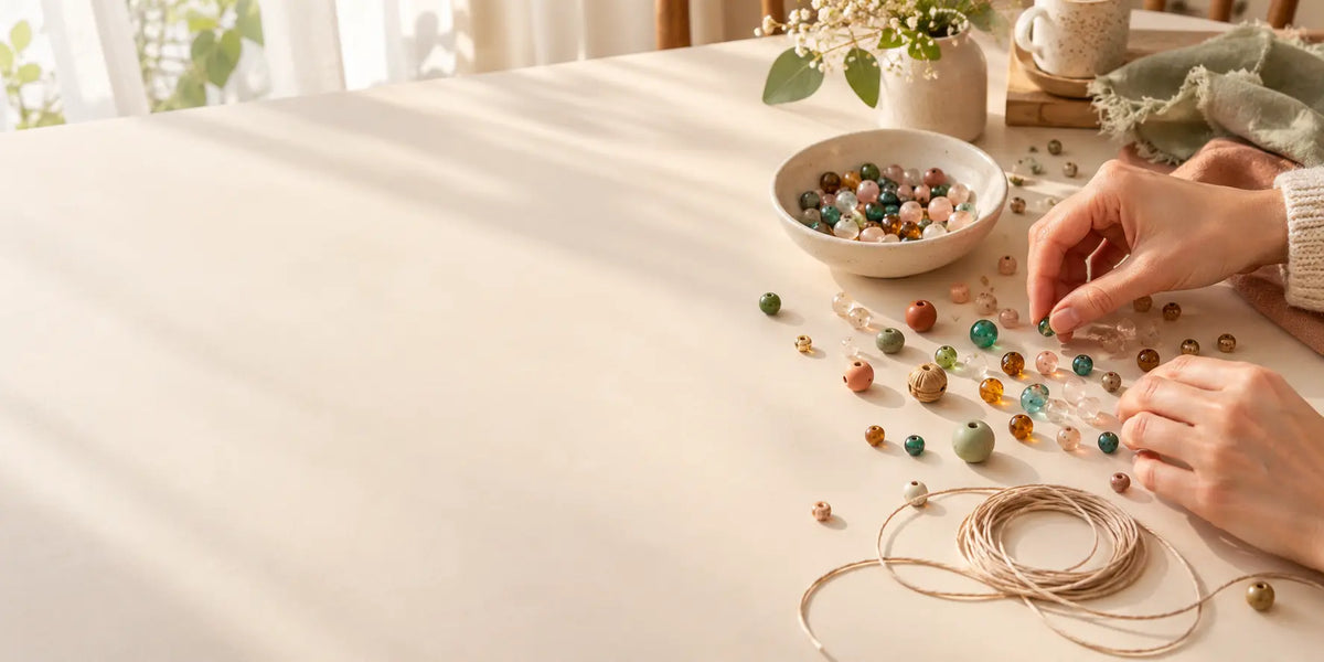 Hands arranging colorful beads on a sunlit cream craft table