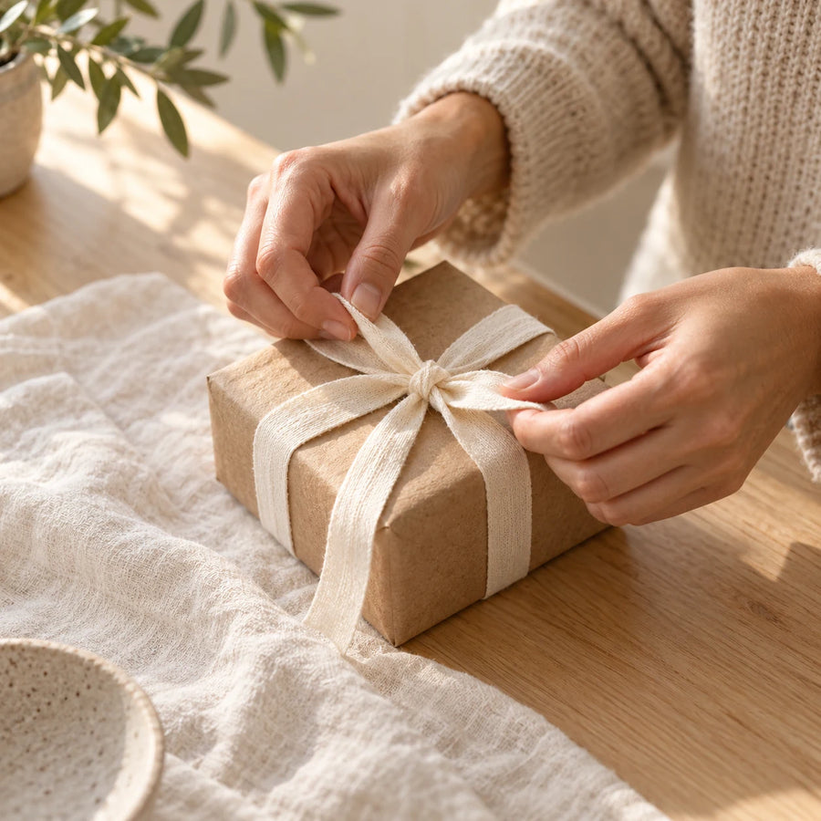 Hands tying a cotton ribbon around a paper-wrapped gift