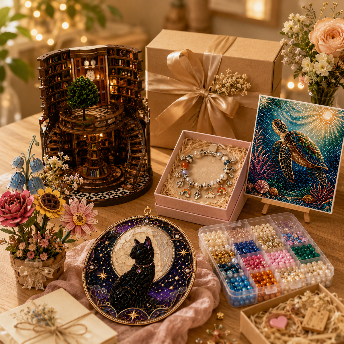 Miniature library, beaded bracelet, decorative art, and crafted flowers beside a wrapped gift.