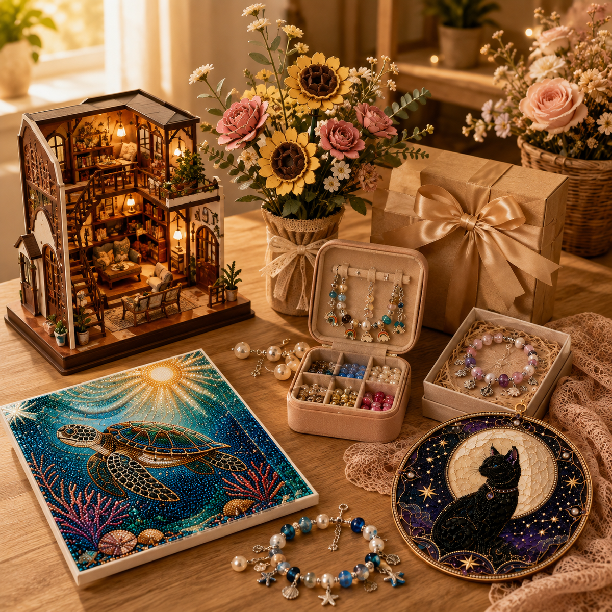 Miniature house, crafted flowers, bead jewelry, and decorative artwork arranged with wrapped gifts.