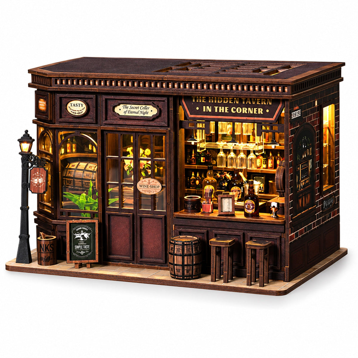 Corner Tavern DIY Miniature House Kit — assembled model overview; kit requires assembly