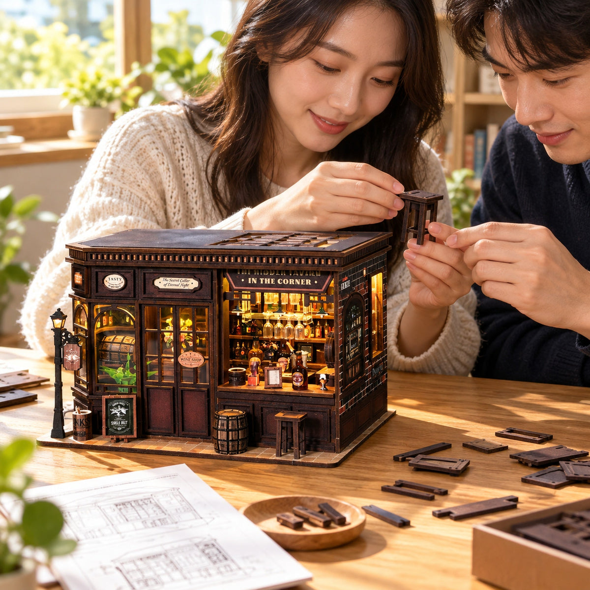 Corner Tavern DIY Miniature House Kit — styled display scene; props not included