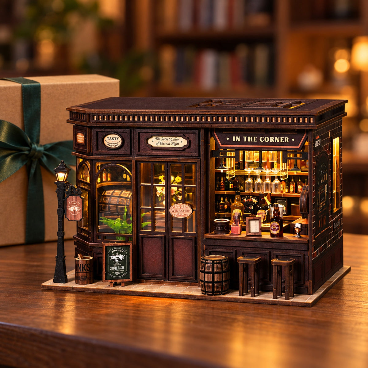 Corner Tavern DIY Miniature House Kit — gift display scene; props not included