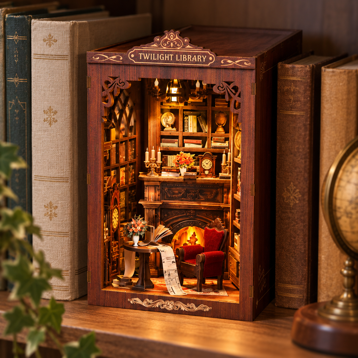 Twilight Library DIY Book Nook Kit — styled display scene; props not included