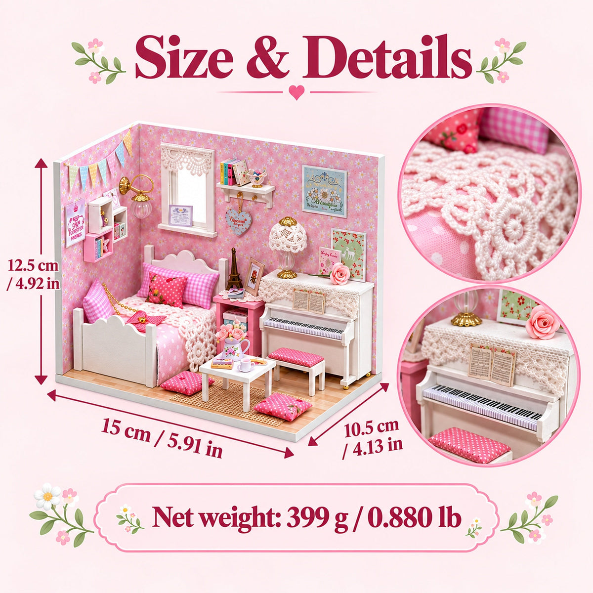 Sunshine Princess DIY Miniature House Kit — finished dimensions, materials and net weight