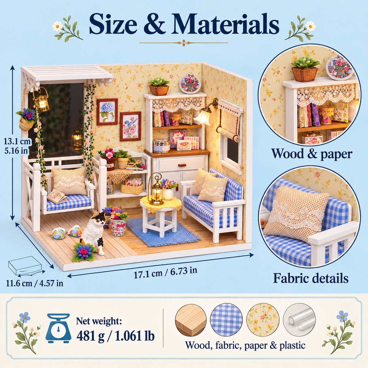Kitten Diary miniature room – supplier finished dimensions and 481 g net weight
