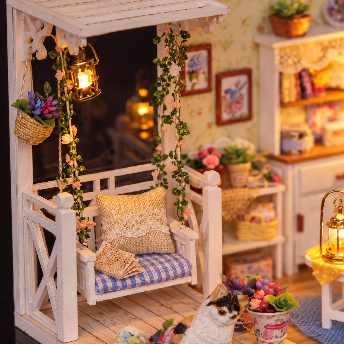 Kitten Diary miniature room – lighting and fabric details