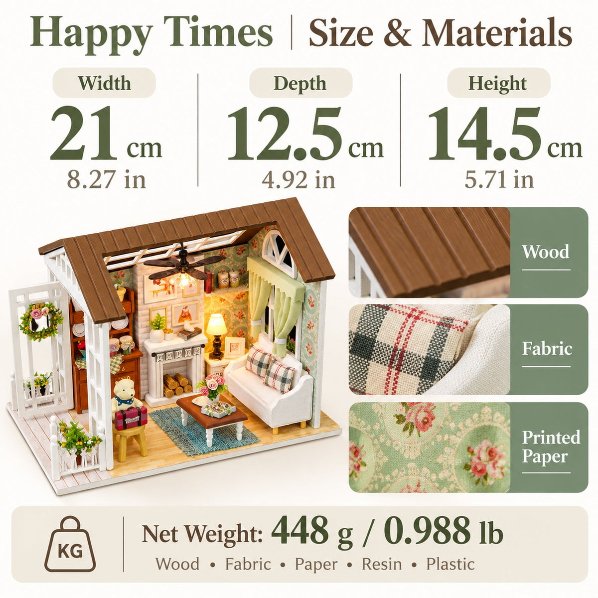 Happy Times DIY Miniature House Kit — finished dimensions, materials and net weight