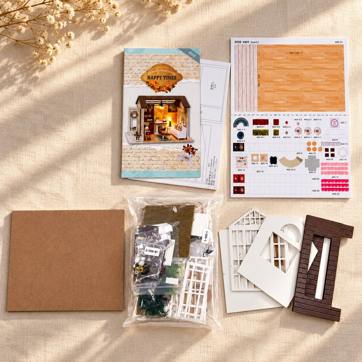Happy Times DIY Miniature House Kit — kit contents and English instructions